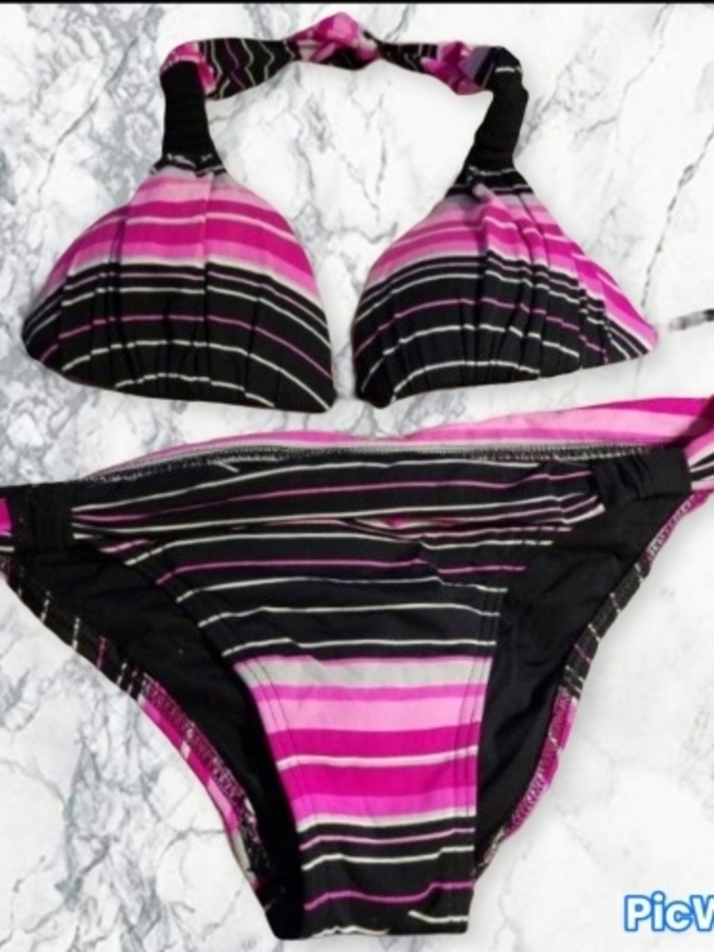 Pink and Black Striped Halter Bikini Set - Women Swim